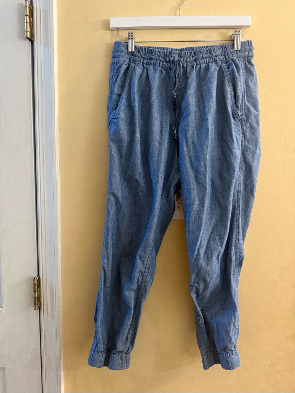 J.Crew chambray joggers feature an elasticized drawstring waist & cuffed ankles